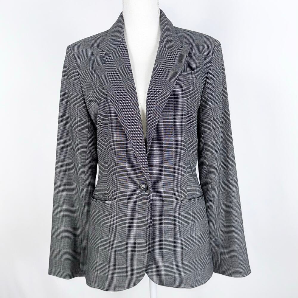 Norma Kamali Glen Plaid Single Button Blazer Jacket Women's 12 Gray Black